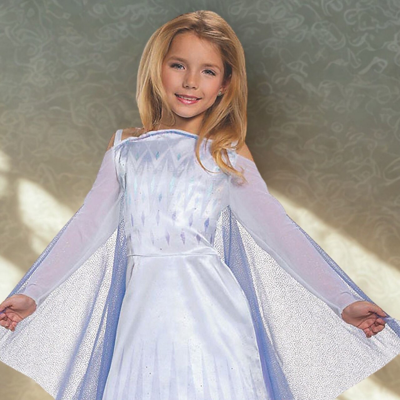 Shimmery White Snow Queen Toddler Costume Dress with Diamond Prints and Sheer Cape